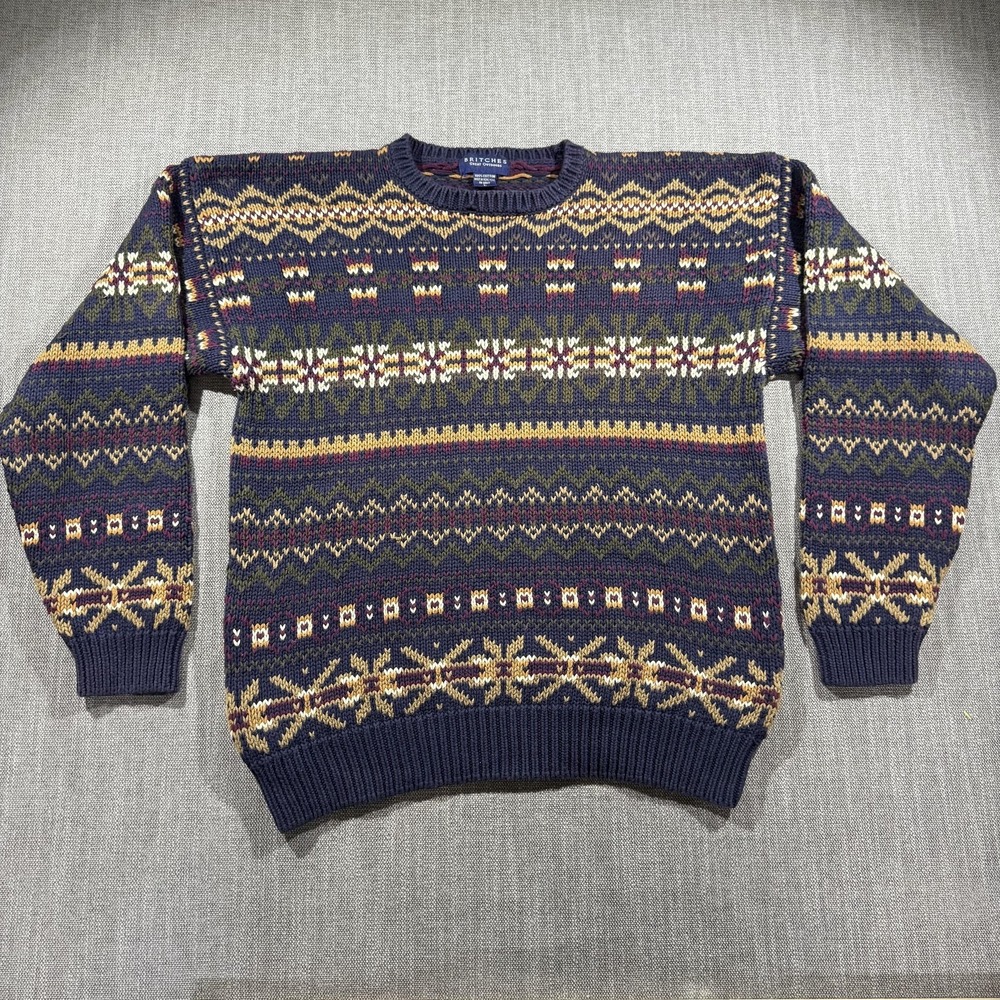 Vintage Britches Great Outdoors Sweater Mens Large Blue Fair Isle Knit 80s